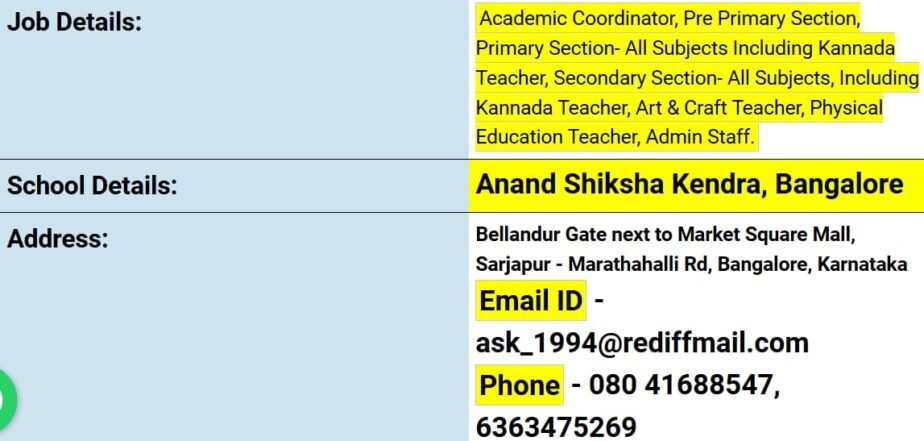 Job Opportunities at Anand Shiksha Kendra in Bengaluru, Karnataka