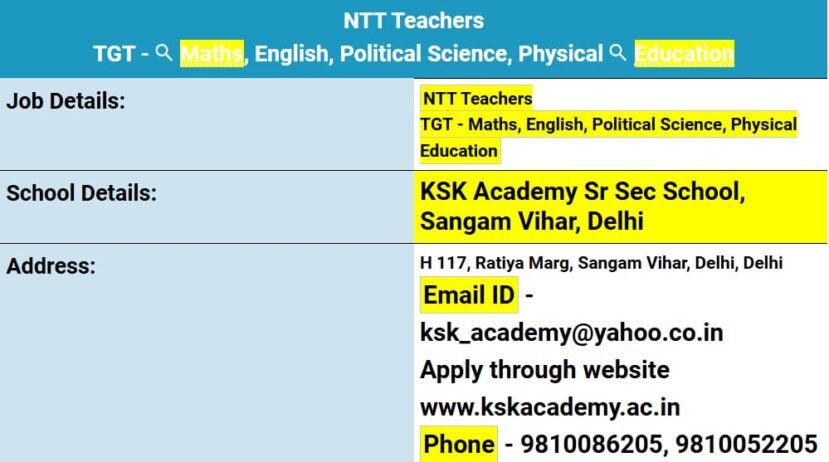 Job for Teachers at KSK Academy Sr Sec School in New Delhi