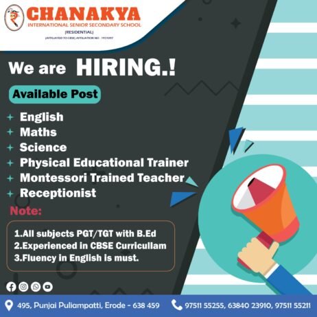 Teaching and Administrative Vacancies at Chanakya International Senior Secondary School, Tamil Nadu