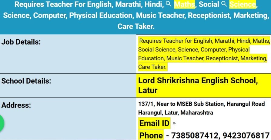 Teachers job in ! Lord Shrikrishna English School in Latur, Maharashtra