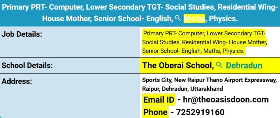 Teachers job in ! The Oberai School in Dehradun, Uttarakhand