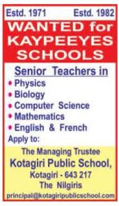 Senior Teachers Wanted Esteemed Team of Kotagiri Public School Kotagiri Tamil Nadu