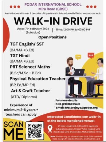 Job Opportunity: Teaching Positions at Podar International School, Mira Road (CBSE)