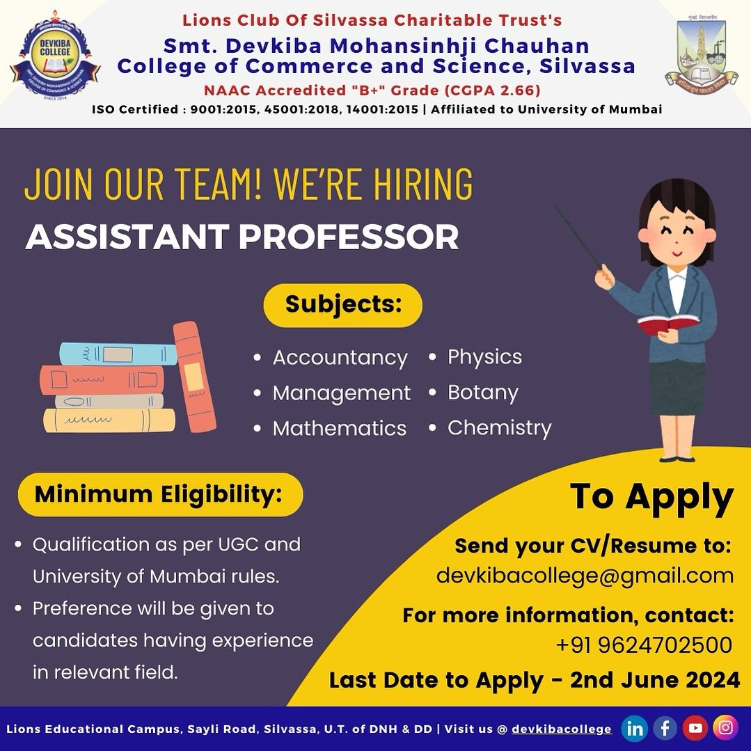 Assistant Professor Positions Open in Devkiba College Silvassa Dadra and Nagar Haveli