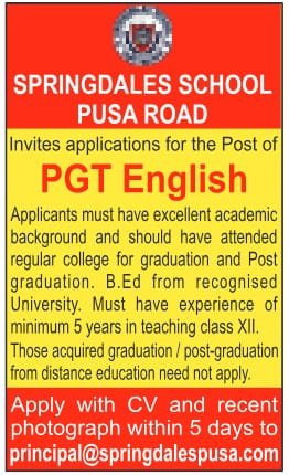 Exciting Opportunity for PGT English Teacher at Springdales School, Pusa Road, New Delhi