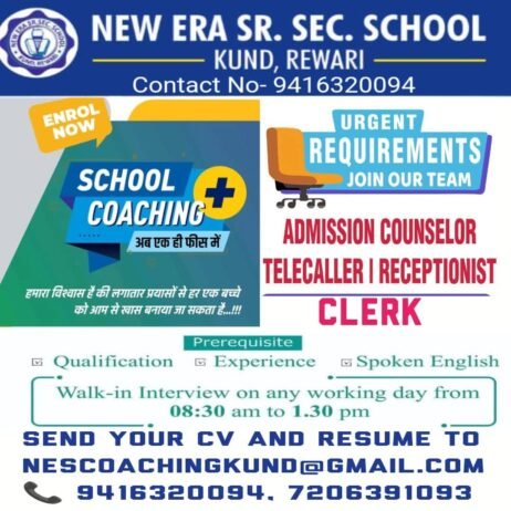 Job opportunity in New Era Sr. Sec. School, KUND, HARYANA