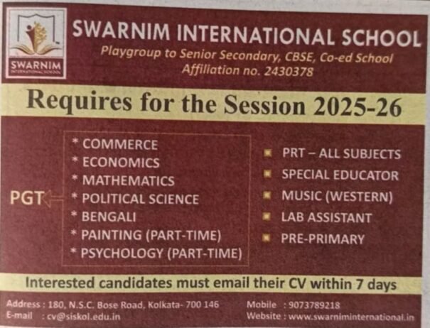 Teachers job in ! Swarnim International School in Kolkata, West Bengal