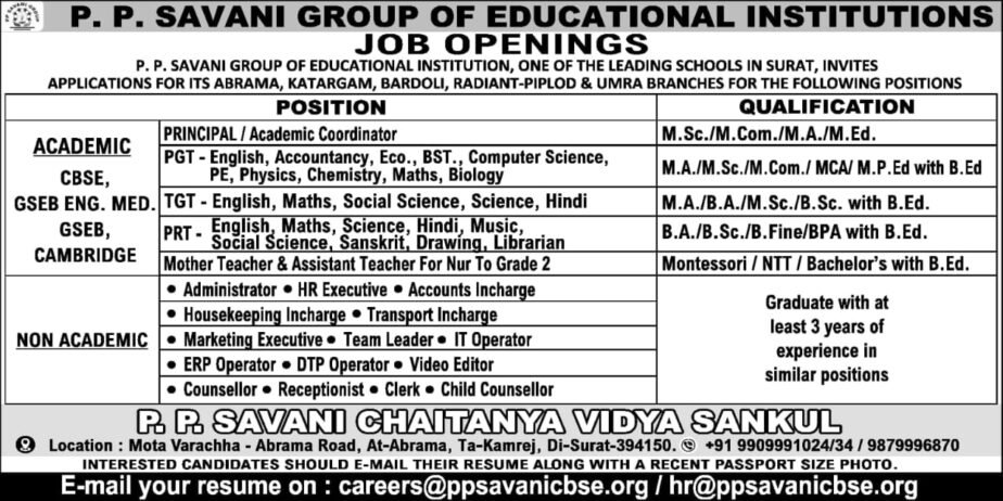 Teacher Job Vacancy at  P. P. Savani Group of Educational Institutions, Surat, Gujarat