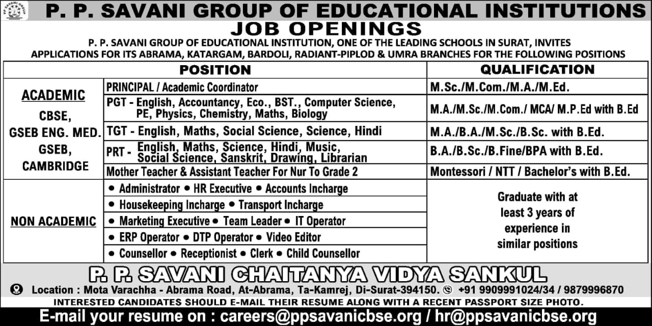 Teacher Job Vacancy at P. P. Savani Group of Educational Institutions, Surat, Gujarat