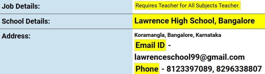 Teaching Job Vacancy at Lawrence High School, Bangalore, Karnataka