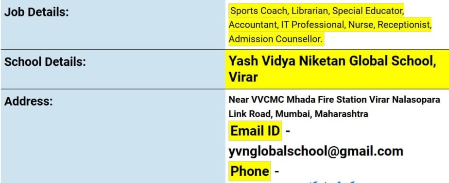 Job Opportunity at Yash Vidya Niketan Global School, Virar, Maharashtra