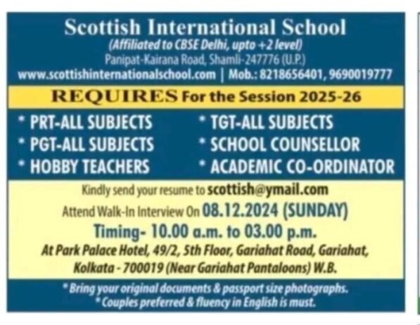 Job Opportunities at Scottish International School in Kolkata, West Bengal