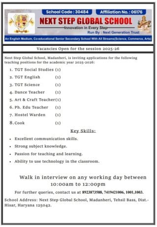 Teacher Job Vacancy at Next Step Global School, Hisar, Haryana