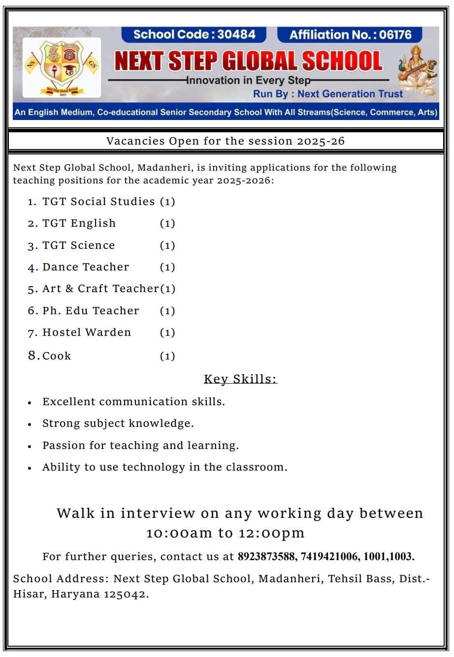 Teacher Job Vacancy at Next Step Global School, Hisar, Haryana