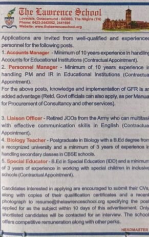 Teachers job in ! The Lawrence School in Ooty, Tamil Nadu