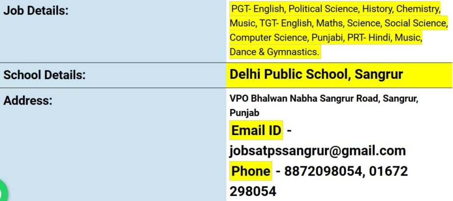 Opening Teachers Job at Delhi Public School in Sangrur, Punjab