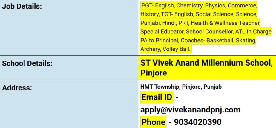 Teachers Job in ST Vivek Anand Millennium School, Pinjore, Punjab