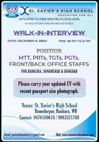 Job for Teachers at St. Xavier’s High School in Bankura, West Bengal