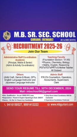 Teachers job in ! M.B. Sr. Sec. School in Rewari, Haryana