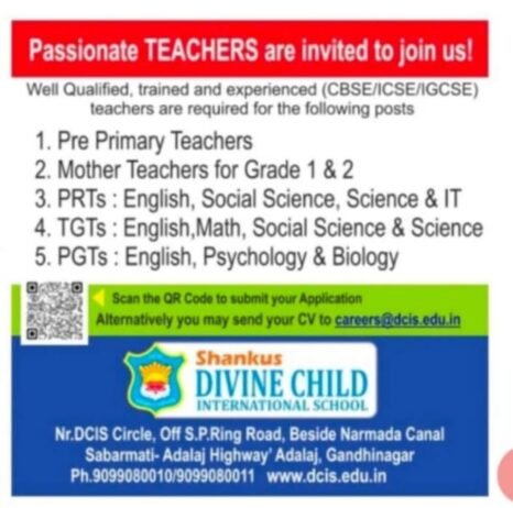 Teacher Recruitment at Shankus Divine Child International School, Gandhinagar, Gujarat