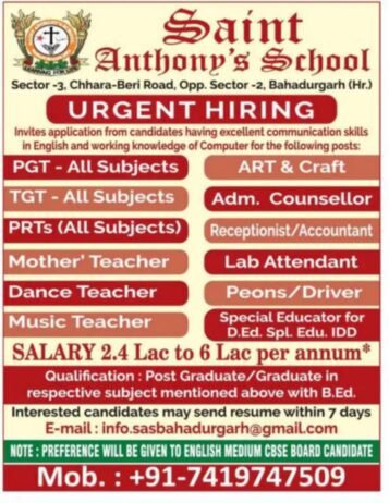 Teachers job in ! Saint Anthony’s School in Bahadurgarh, Haryana