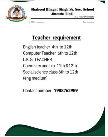 Teacher Required at Shaheed Bhagat Singh Sr. Sec. School, Jhamola, Haryana