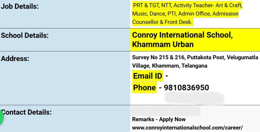 Teachers job in ! Conroy International School in Khammam, Telangana