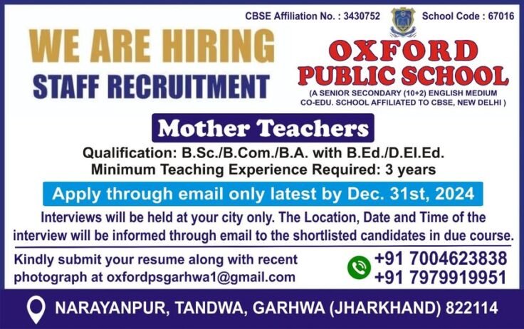Teacher Recruitment at Oxford Public School, Garhwa, Jharkhand