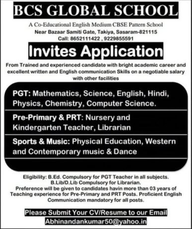 Teacher Recruitment at BCS Global School, Bihar, Sasaram