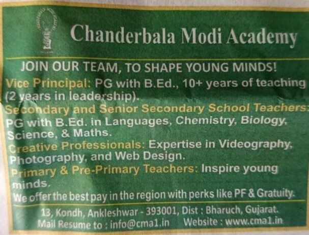 Teachers job in ! Chanderbala Modi Academy in Kondh, Gujarat