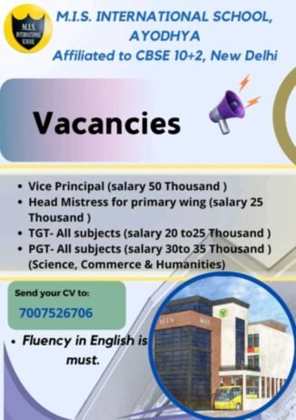 Teachers job in ! M.I.S. International School in Ayodhya, Uttar Pradesh