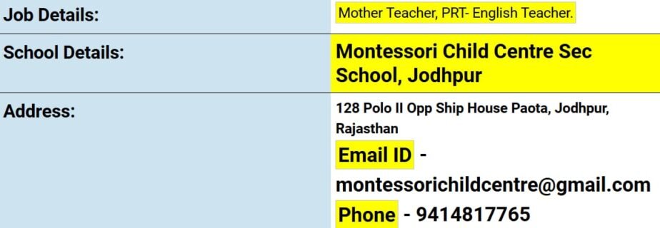 Teacher Recruitment at Montessori Child Centre Secondary School, Jodhpur