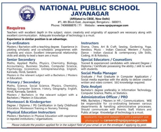 Teacher Recruitment at National Public School, Bengaluru, Karnataka