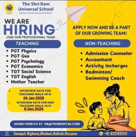 Teachers job in ! The Shri Ram Universal School in Rohtak, Haryana