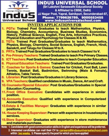 Teacher Recruitment at Indus Universal School,Sainikpuri, Telangana