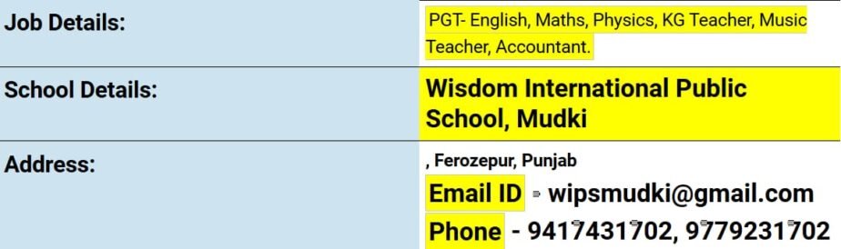 Job opportunity in Wisdom International Public School, Ferozepur, punjab