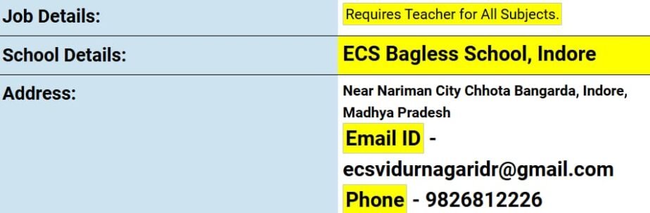 Job opportunity in ECS Bagless School, Indore, Madhya Pradesh