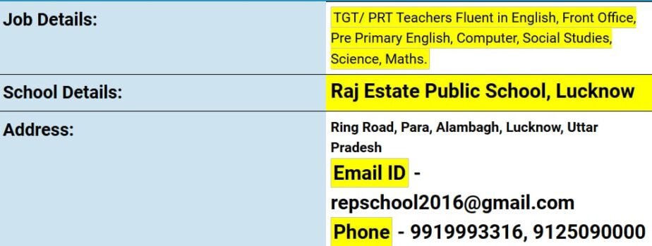 Job opportunity at Raj Estate Public School,Alambagh, Lucknow, Uttar Pradesh