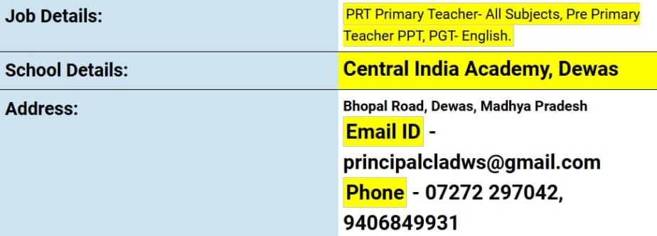 Job opportunity at Central India Academy, Dewas, Madhya Pradesh