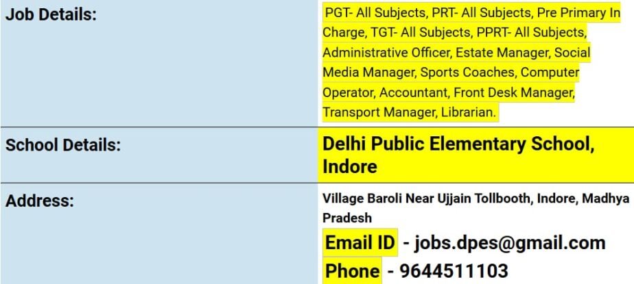 Teacher Recruitment at Delhi Public Elementary School, Indore, Madhya Pradesh