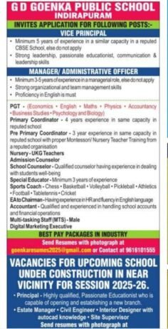 Teacher Recruitment at GD Goenka Public School, Indirapuram, Ghaziabad