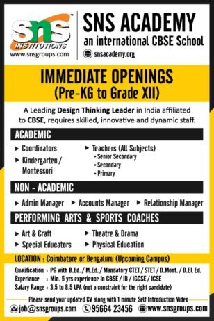 Teacher Recruitment at SNS Academy, Benguluru, Karnataka