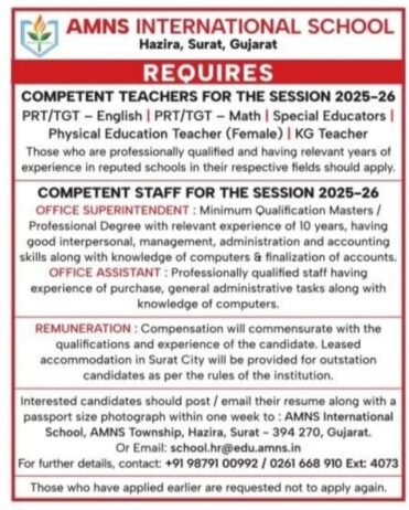 Teaching Job Vacancies at AMNS International School, Surat, Gujarat