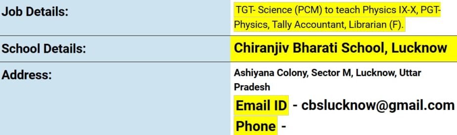 Teacher jobs at Chiranjiv Bharati School, Lucknow