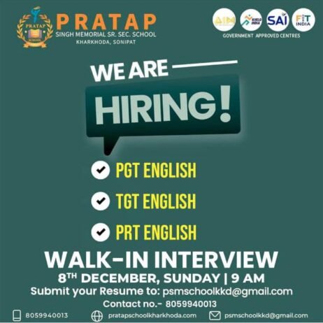 Teacher Job Vacancy at Pratap Singh Memorial Sr. Sec. School, Sonipat, Haryana