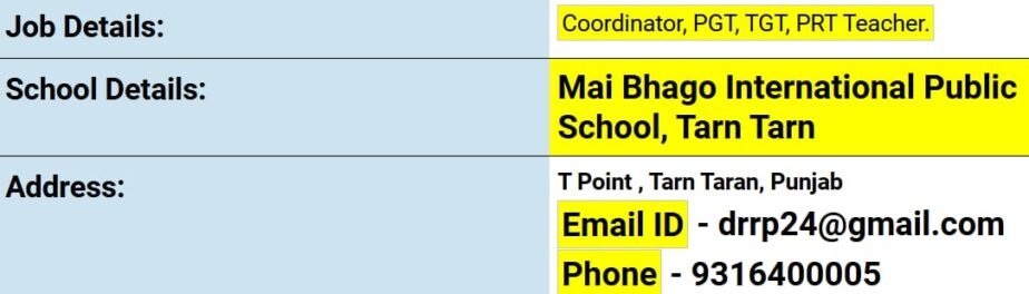 Teacher Job Vacancy at Mai Bhago International Public School, Tarn Taran, Punjab