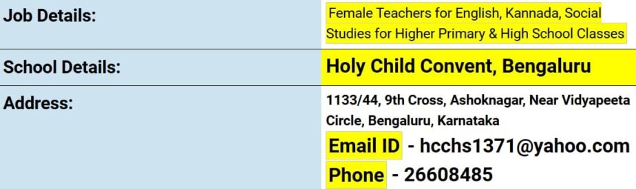 Teacher Job in  Holy Child Convent, Bengaluru, Karnataka