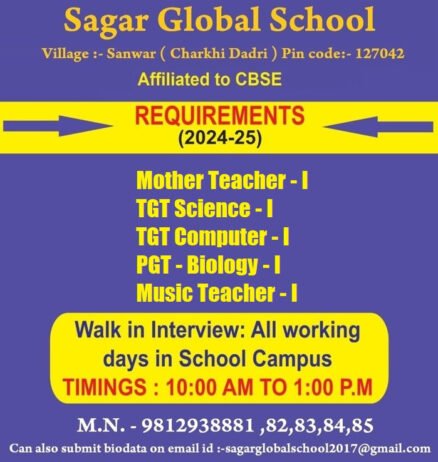 Teacher Job Vacancy at Sagar Global School, Dadri, Haryana