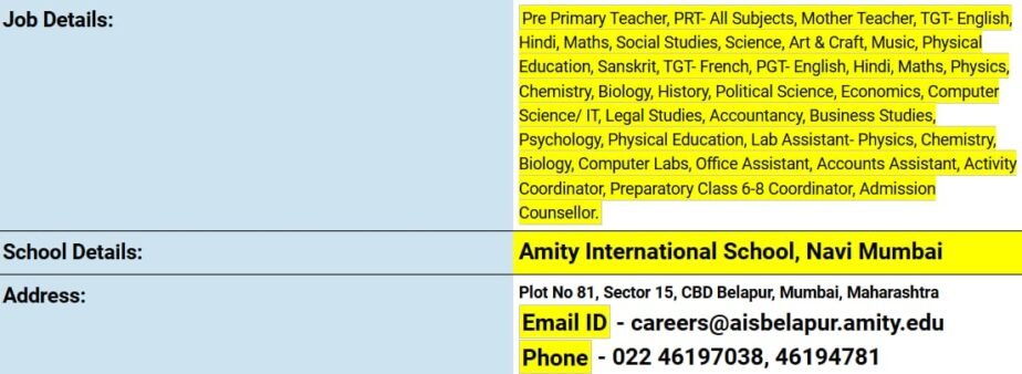 Teacher Job in Amity International School, Mumbai, Maharashtra