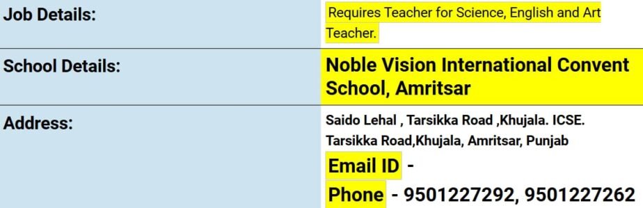 Teacher Job in Noble Vision International Convent School, Amritsar, Punjab